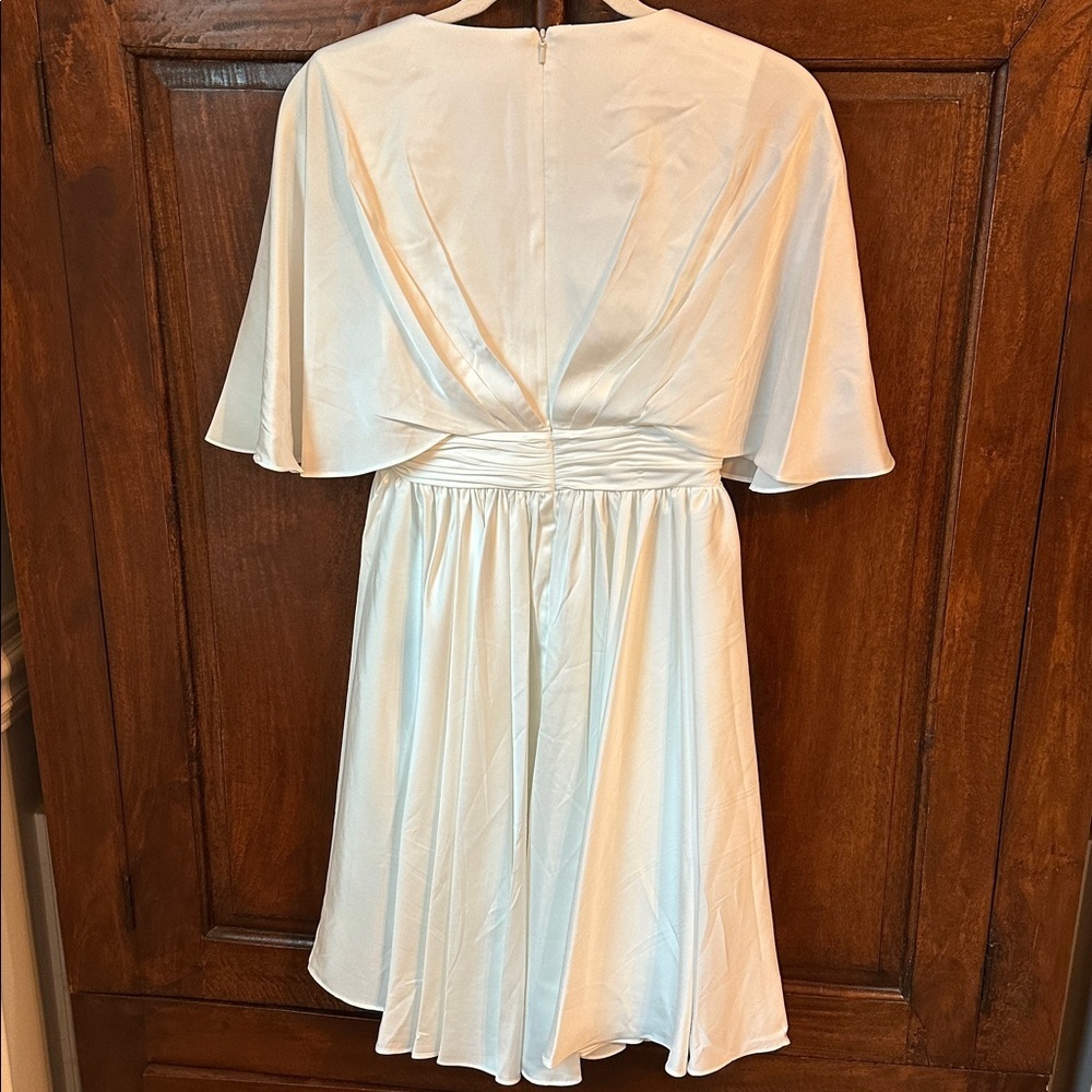IEENA Mac Duggal, Satin Flowy Flutter Sleeve Mini Dress - Picture 9 of 11